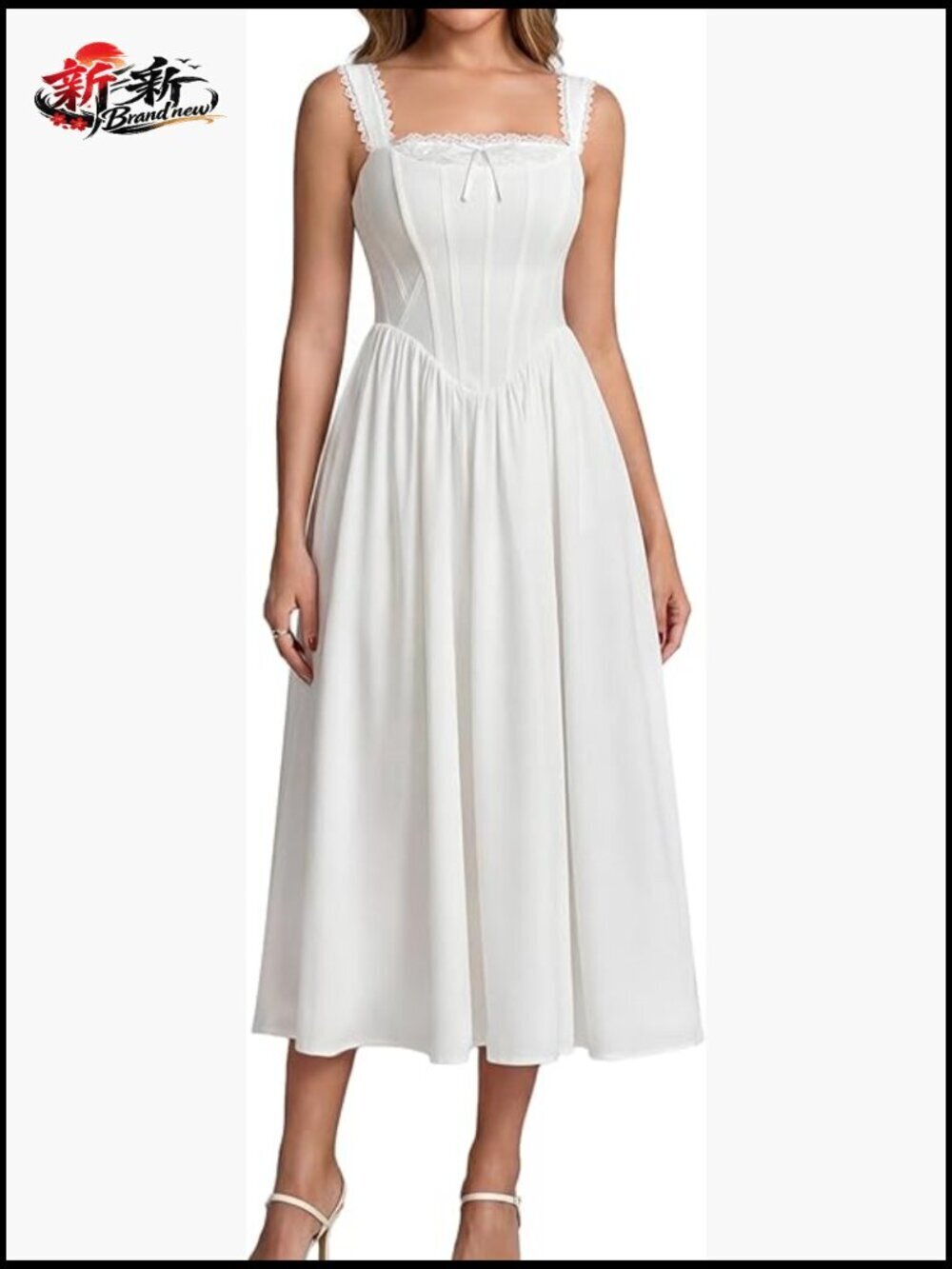 Floral Corset Midi Wedding Guest Dress Lace Up A Line Sundress